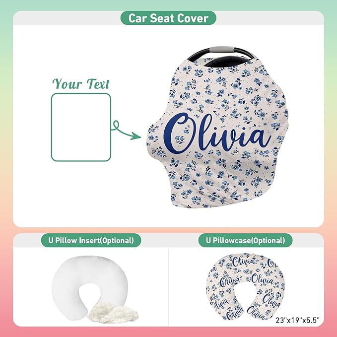 Custom Name Car Seat Canopy - Baby Car Seat Covers, Infant Stroller Cover, Carseat Canopy Christmas Birthday Gifts for Girls and Boys Blue Flower Printing