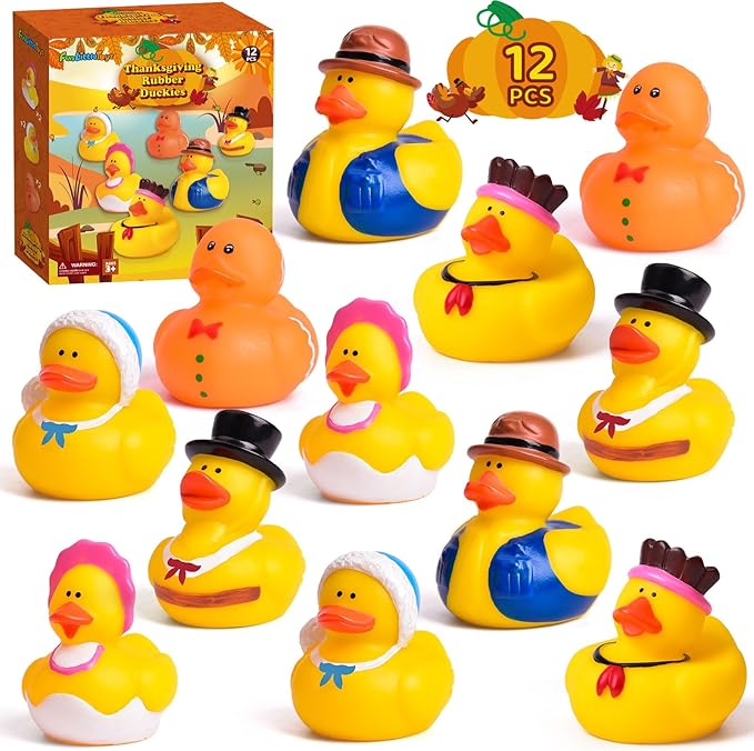 FUN LITTLE TOYS 12 PCS Thanksgiving Rubber Ducks in Bulk for Kids, Assorted Turkey & Pilgrim Toy Duckies for Bath Toys, Party Favors, Themed Bathtub Toys
