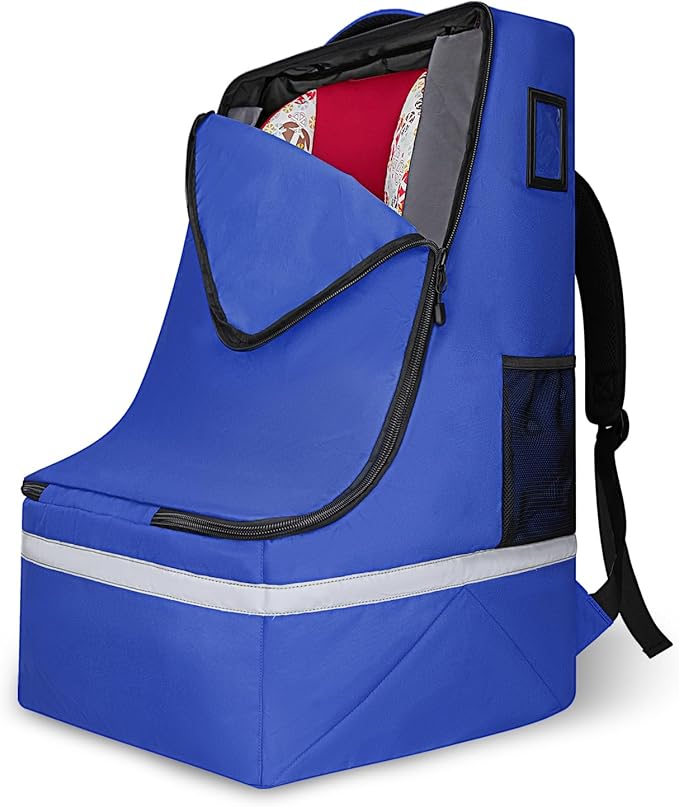 LARIPOP Car Seat Travel Bag for Airplane, Universal Gate Check Car Seat Bag, Padded Backpack with Waist Belt, Reflective Strips & Protective Feet, Fits Infant Convertible Booster Seats, Blue
