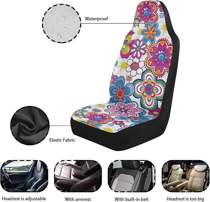 Colorful Hippie Flower Car Seat Covers Set of 2 Waterproof Universal Vehicle Front Seats Interior Protector Easy to Install Interior Protection Suitable Fits Most Car Auto SUV Sedan Truck