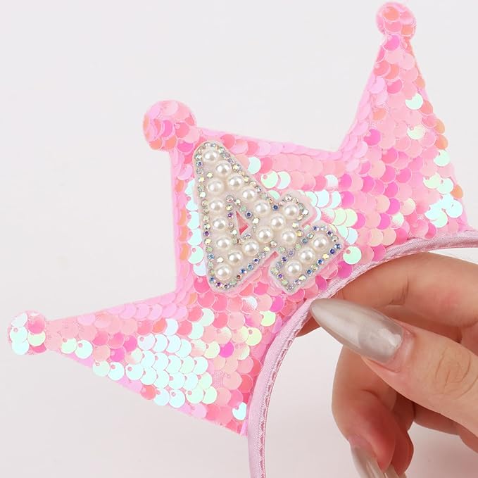 Birthday Crown Headband Pink Glitter Birthday Headbands for Girls 4 Year Old Girl Gifts 4th Birthday Decorations