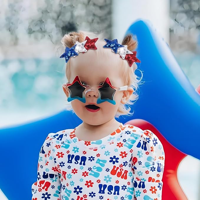 4th of July Baby Hair Clip Patriotic Star Bow Sequin Star Alligator Clip for Newborn Toddler 4th of July Hair Accessories for Kid Blue Red White Bow