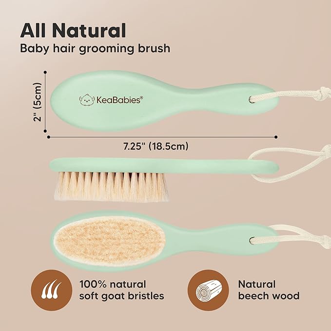 Wooden Baby Hair Brush for Toddler Girls, Boys - Cradle Cap Brush for Babies, Soft Goat Bristles, Perfect Gentle Scalp Newborn Comb for Infant, Girls, Boys, Bath Essentials (Sage, Regular)