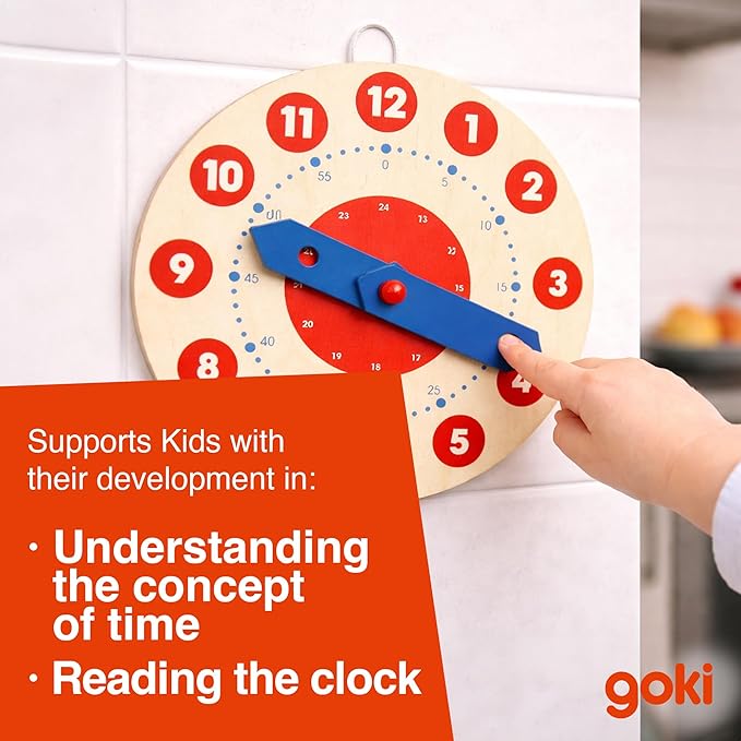 Goki Wooden Learning Clock for Kids - Educational Telling Time Teaching Clock for Toddlers & Kindergarten - Wooden Learning Toys I Toddler Educational Toys I Designed in Germany