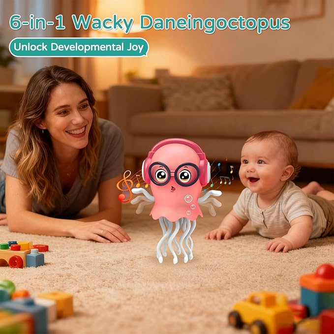 Electric Dancing Sea Creature Toy for Kids, 360° Rotating Tentacles with Music & Lights, Bump & Go Function, ABS Material, Ideal Gift for Ages 3+ (Battery Not Included) (Pink)