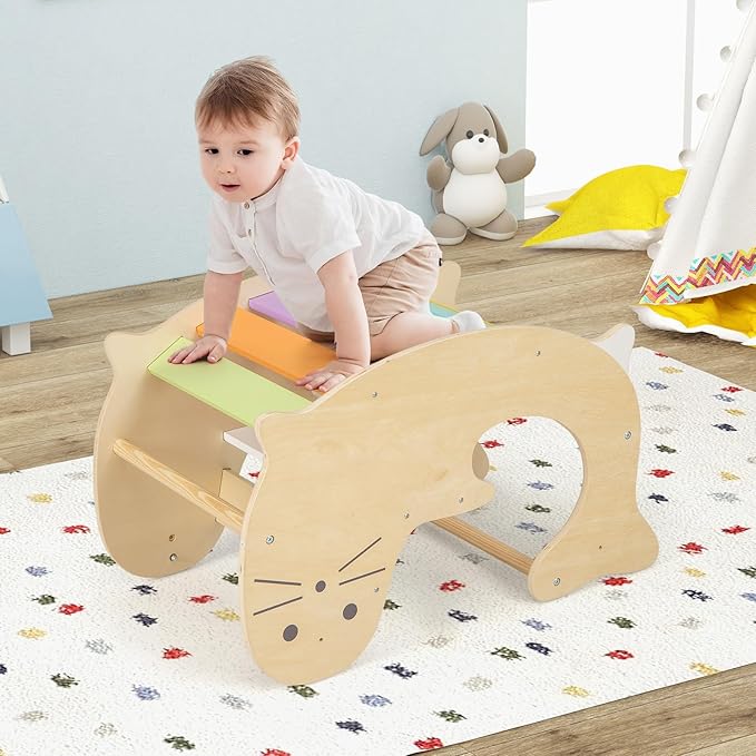 Olakids Climbing Arch for Toddlers, 3 in 1 Kids Wooden Rocking Horse Toy Climber Rocker Play Table, Baby Pikler Montessori Indoor Activity Climb Gym Playground Gift for Boys Girls