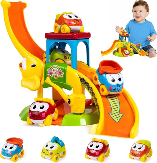 Marstone Toddler Toys for 1 2 Year Old Boys and Girls Gifts: Educational Elephant Slide with 4 Animal Car Toys for Baby 12-18 Months, First Birthday Gifts for Kids, Learning Push Truck Tracks Age 1-2