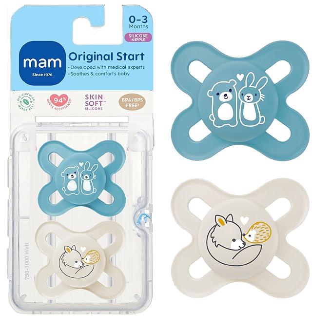 MAM Original Start Matte Baby Pacifiers 0-3 Months, BPA-Free Skin Soft Silicone Nipple, Developed with Medical Experts Specially for Smaller Newborn Mouths, Easy to Clean, 2 Pk with Sterilizer Case