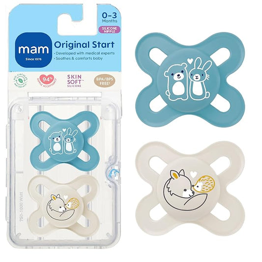 MAM Original Start Matte Baby Pacifiers 0-3 Months, BPA-Free Skin Soft Silicone Nipple, Developed with Medical Experts Specially for Smaller Newborn Mouths, Easy to Clean, 2 Pk with Sterilizer Case