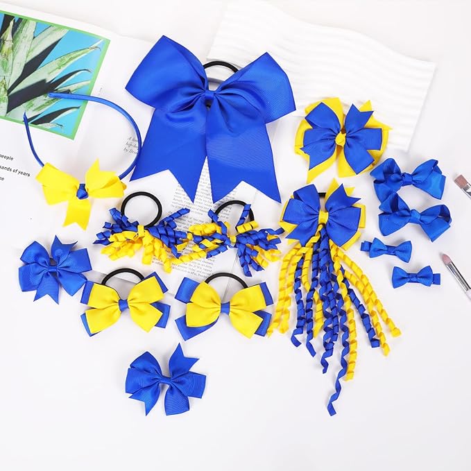 School Hair Accessories Set 14 Pcs Uniform Hair Bow Headband Clips Hair Ties Curly Korker Bows for Little Toddler School Girls (Blue Yellow)