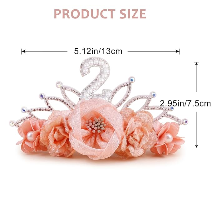 cherrboll Baby Girl Birthday Crown Floral Headband, Soft Flower Head Wrap Tiara Hairband for 1-3 Years Old Toddlers Kids 2nd Birthday Party Dress Photo Decoration