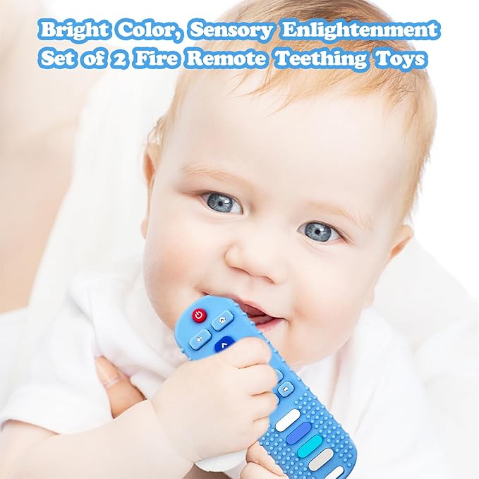 2-Pack Silicone Baby Teething Toys, TV Remote Teethers for 6-12-18 Months Infant, Fire Remote Shape Toddlers Silicone Teethers for Boys and Girls Sensory Toy(Black+Blue)