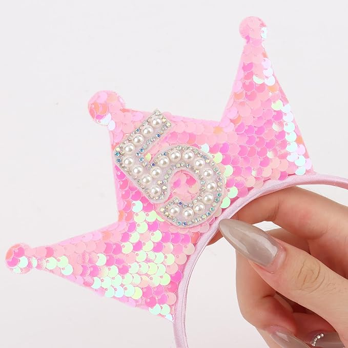 Birthday Crown Headband Pink Glitter Birthday Headbands for Girls 5 Year Old Girl Gift 5th B-day Decorations Girl