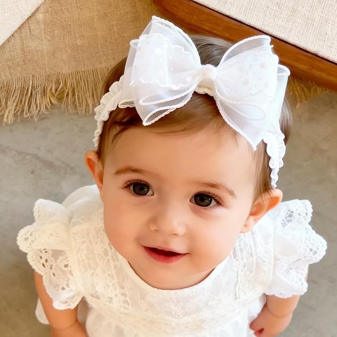 Baby Girls Headband White Bow Lace Headbands Soft Elastic Bowknot Hairbands Cute Hair Accessory for Newborn Kids Infant Toddler Baptism Birthday Party (Bow D)