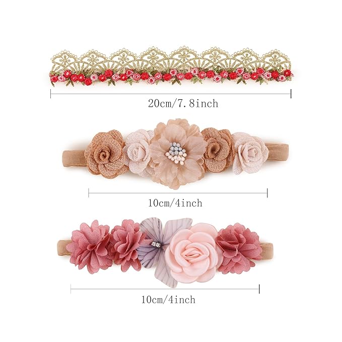 Baby Girl Flower Headbands and Bows, Stretchy Soft Nylon Floral Crown, 3pcs Handmade Hair Accessories for Newborn Infant Toddler