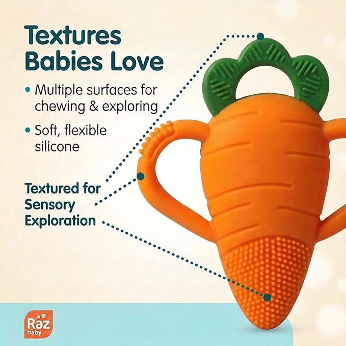 RaZbaby Bunny Snuggly w/Carrot Teething Relief Toy – Soothes Sore Gums w/Nature-Inspired Texture, 100% BPA-Free Silicone Teether, Soft Minky Stuffed Animal – All Ages
