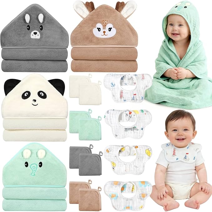 Flasoo 16 Pcs Baby Towels Set for Infants Toddlers, 4 Pcs Hooded Bath Towels, 4 Pcs Baby Bibs & 8 Pcs Washcloths Set, Absorbent Soft Newborn Gift for Boys & Girls-Elephants, Pandas, Bears & Moose