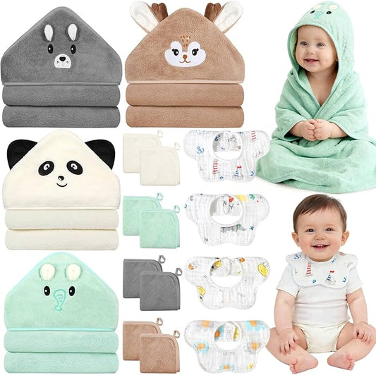 Flasoo 16 Pcs Baby Towels Set for Infants Toddlers, 4 Pcs Hooded Bath Towels, 4 Pcs Baby Bibs & 8 Pcs Washcloths Set, Absorbent Soft Newborn Gift for Boys & Girls-Elephants, Pandas, Bears & Moose