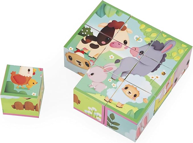 Janod - Farm-Themed Cardboard Puzzle Cubes for Toddlers (9 Cubes, 6 Puzzles) - Entertaining Toddlers During Travel - Enhances Fine Motor Skills - Lightweight and Safe - Educational and Fun