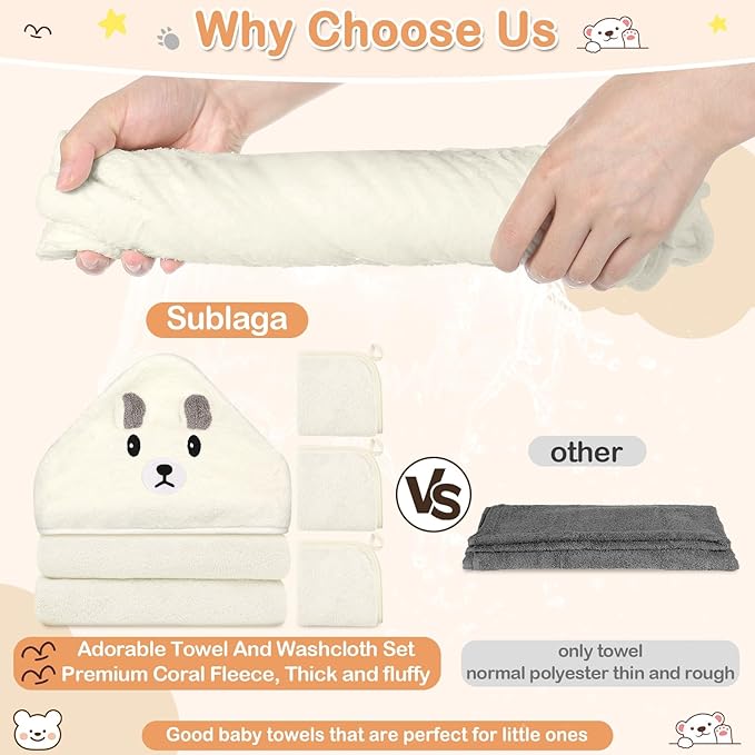 Sublaga 4 Pcs Baby Towels Set, 32x32 in Hooded Bath Towel and 3 Pcs Baby Washcloths for Newborns, Toddlers, and Kids, Soft Baby Towels and Washcloths Set for Boys and Girls (White Bear)
