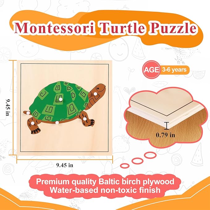 Montessori Wooden Turtle Puzzle for Kids Ages 3-6 – Educational Shape Sorting Toy for Preschool Learning, Fine Motor Skills & Problem Solving | Safe Toddler Puzzle for Home & Classroom (7-Pieces)