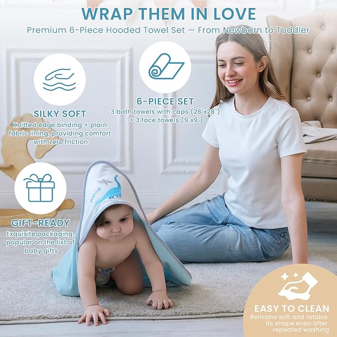 Softan Baby Hooded Towels and Washcloths Set 6 Pack, 28x28 Ultra Soft & Absorbent Baby Bath Towels for Newborn Infant Toddler, Unisex Boys Girls (Blue Dionsaur)