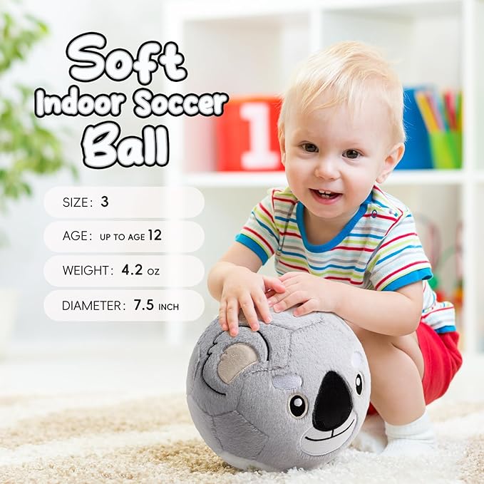 VangeBow Silent Indoor Soccer Balls for Toddlers 1-3, Inflatable Soft Plush Baby Toddler Soccer Ball Toys Gifts for 1 2 3 4 5 Year Old Boy Girl First Birthday Gift (Koala, Pump Include)