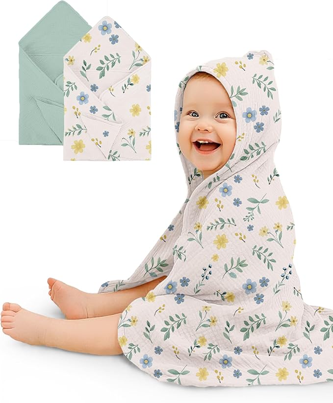 Hooded Baby Towels 2 Pack, Muslin Baby Bath Towels with Hood for Newborn Infant and Toddler, Soft Breathable & Absorbent, 32" x 32" (Spring Garden, Heavyweight)