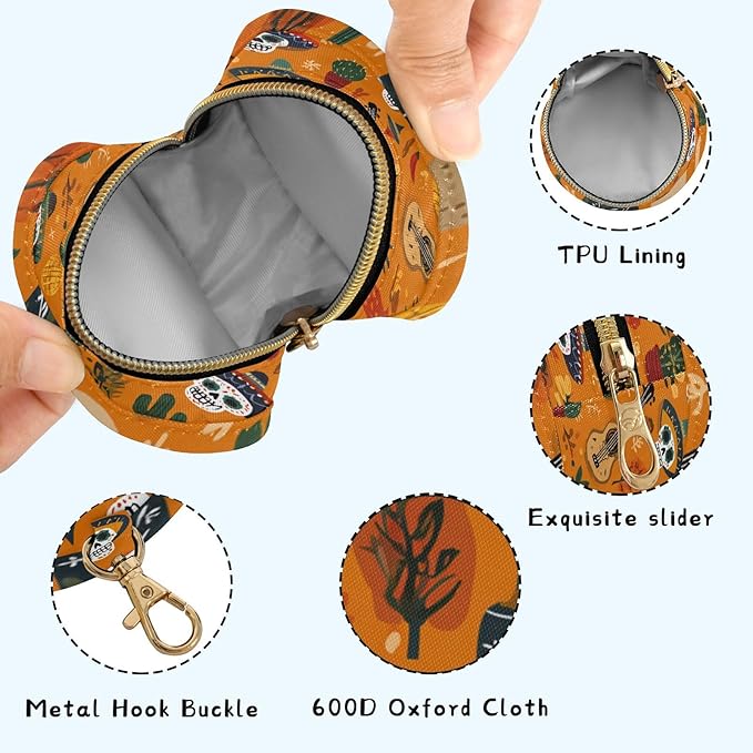 Pacifier Holder with Clip Pacifier Case for Diaper Bag Round Baby Pacifier Pouch Box Bag Portable Day of The Dead Orange Skull Cacti Guitar