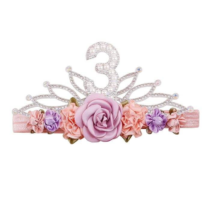 cherrboll Flower Headband Birthday Crown for Girl, Floral Nylon Hairband for 1-3 Years Old Toddler, 3rd Birthday Party Dress Photo Decoration Hair Accessory