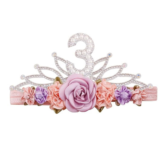 cherrboll Flower Headband Birthday Crown for Girl, Floral Nylon Hairband for 1-3 Years Old Toddler, 3rd Birthday Party Dress Photo Decoration Hair Accessory