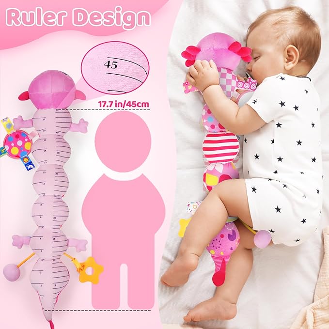 Baby Toys for 0-6 6-12 Months, Plush Axolotl Toy with Crinkle and Rattles for Infant Newborn, Sensory Music Animal Stuffed Toy for 0 1 2 3 4 5 6+ Month, Tummy Time Toys Gifts for 0-3-6-12 Months,Pink