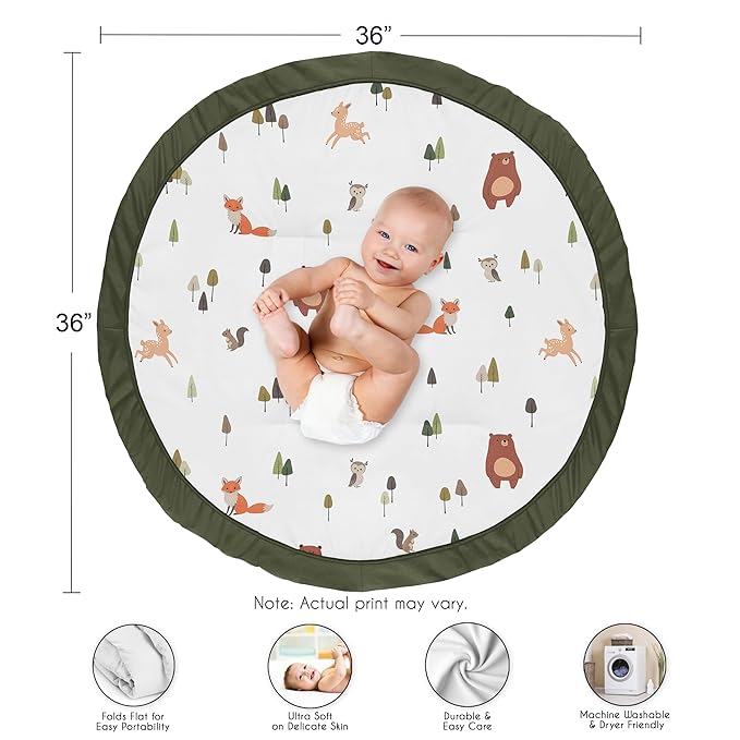 Sweet Jojo Designs Baby Play Mat (Woodland Animals) for Girls and Boys, Infant, Toddler Tummy Time Activity Floor Playmat (Sage Green, Watercolor, Forest Animal Friends, Brown Bear, Fox, Deer, Leaves)