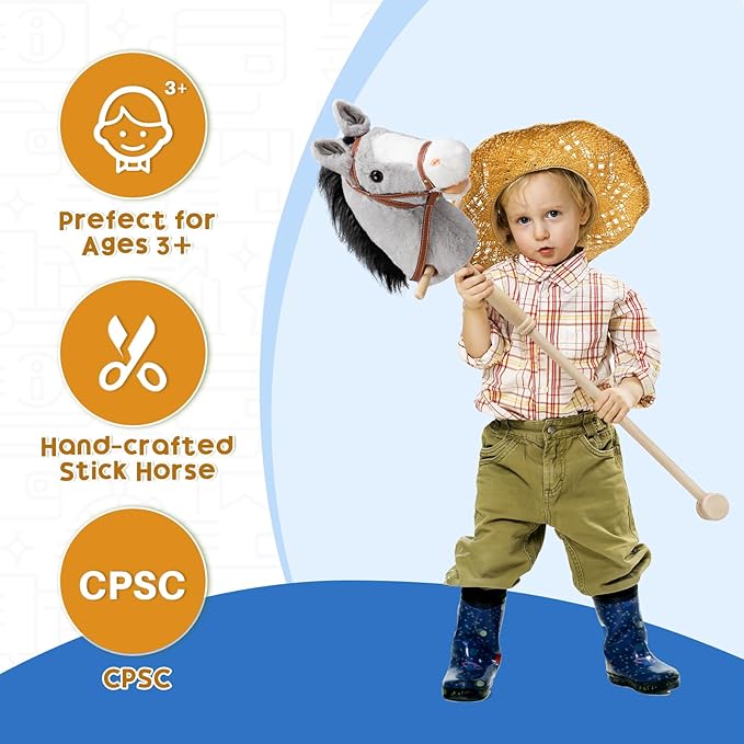 HollyHOME Stick Horse Plush Handcrafted Hobby Horse on a Stick with Wood Wheels Real Pony Neighing and Galloping Sounds for Kids Toddlers Grey 36 Inches(AA Batteries Required)