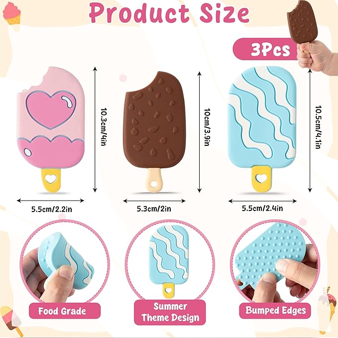 Summer Silicone Teether Toy for Babies - 2ooya 3Pcs Ice Cream BPA Free Food Grade Teething Sensory Toys Infant Toddler Soft Sore Gums Pain Teething Relief Chew Teether for Newborn 6-12 Months Birthday