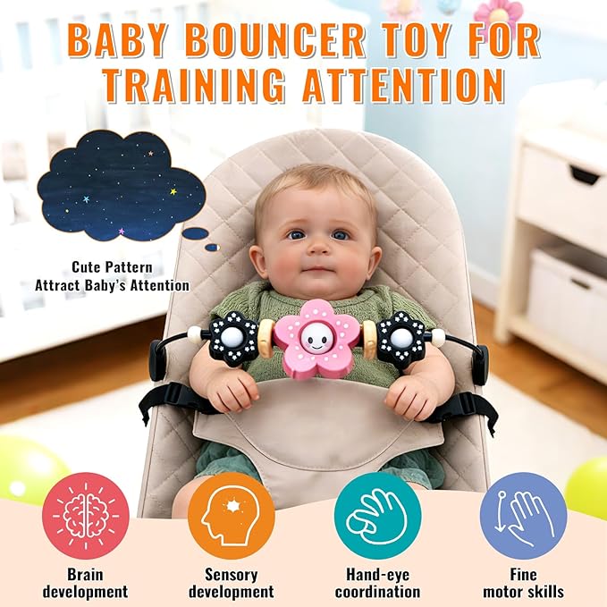 THE KENKYO Baby Bouncer Toy Bar Compatible with Baby Bjorn, Wooden Bouncer Toy Bar Attachment for Girls Boys, Fun Sensory Learning Toys for Toddler, Spinning Toys for Neworn Shower Gift
