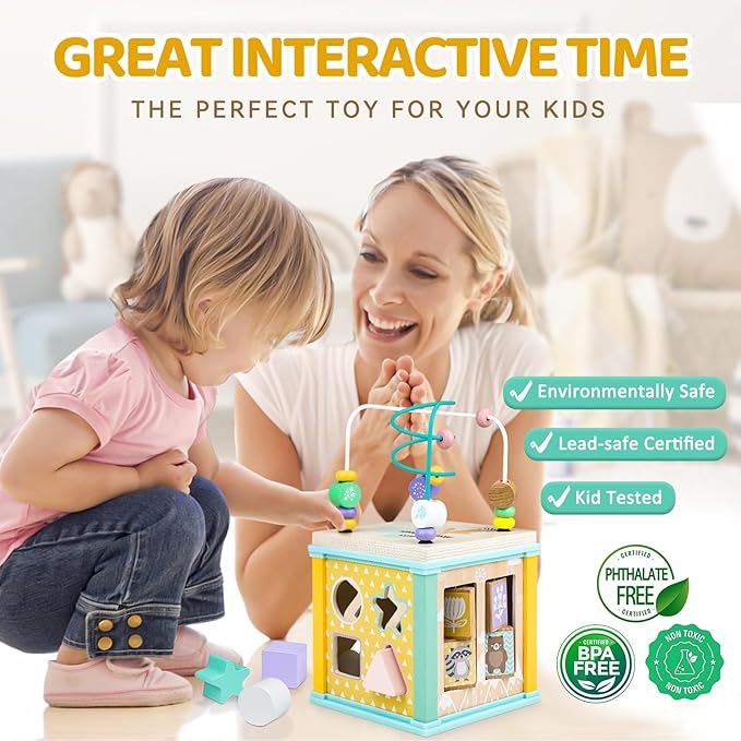 Airlab Wooden Activity Cube Montessori Toys for 1 2 3 Year Old Baby Toys 12 Months Toddlers 1-3 Birthday Gift Boys Girls Sensory Interactive Learning Toys