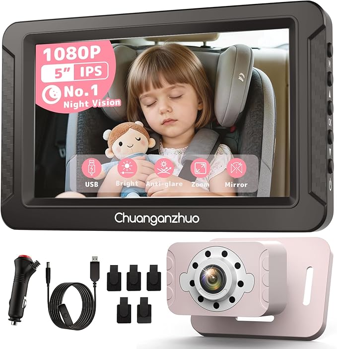 S100C Car Baby Camera USB Powered, Crystal Clear Auto IR Night Vision in Total Dark, Adjust Brightness & 1080P 5" IPS Monitor, 3X Zoom & 360 Rotating Backseat/Carseat Camera for Car Baby Monitor