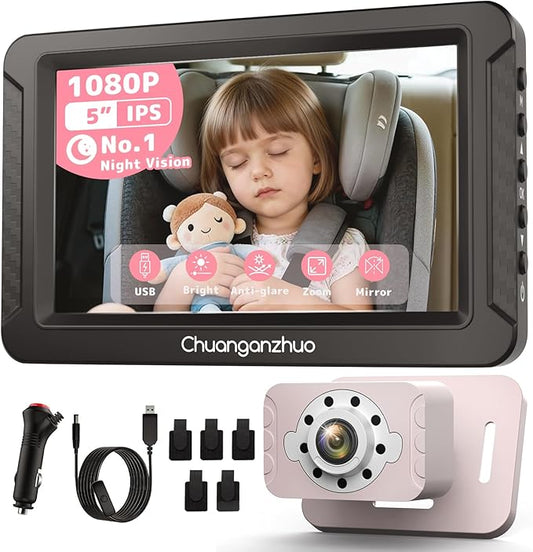 S100C Car Baby Camera USB Powered, Crystal Clear Auto IR Night Vision in Total Dark, Adjust Brightness & 1080P 5" IPS Monitor, 3X Zoom & 360 Rotating Backseat/Carseat Camera for Car Baby Monitor