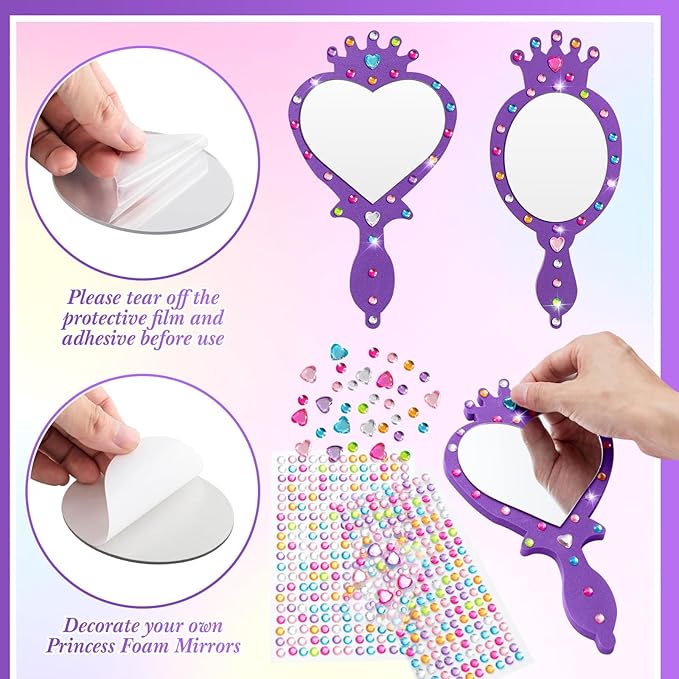 Geetery 20 Pcs Unbreakable Kids Mirror DIY Decorate Your Own Princess Mirror Mermaid Princess Foam Small Crafts for Princess Party Decorations(Purple)