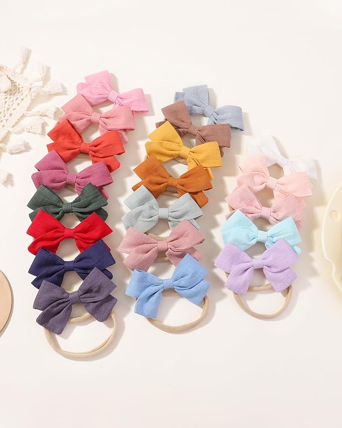 jollybows 20pcs Baby Girls Nylon Hair Bows Headbands Linen Bands Elastic Accessories for Baby Girls Infants preemie and Newborn Kids