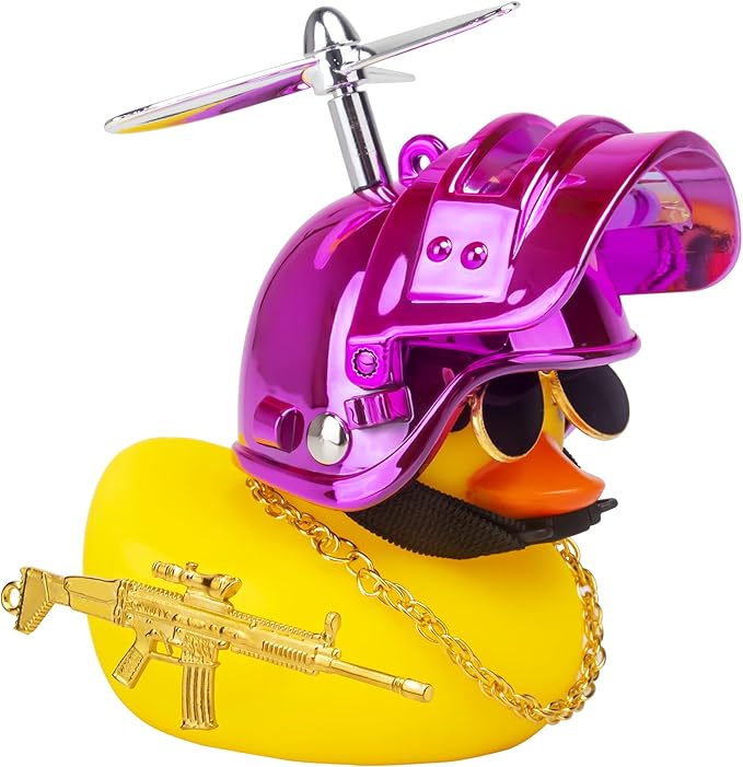 Wonuu Yellow Duck Car Dashboard Ornament - Cool Squeaky Glasses Duck With Propeller Helmet Decoration Accessory (Y-Pink)