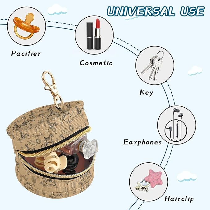 Western Cowboy Horse Beige Print Pacifier Holder Case for Diaper Bag Portable Travel Pacifier Storage Case with Clip Newborn Baby Pouch for Baby Boys Girls Purse Outdoor