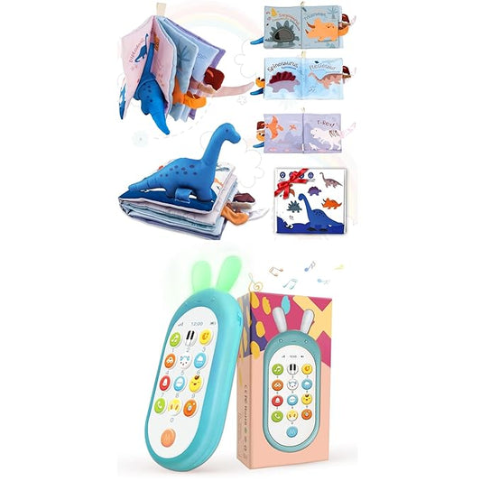 Richgv Baby Sensory Bundle: Dino Cloth Book & Interactive Phone Toy for 0-12 Months