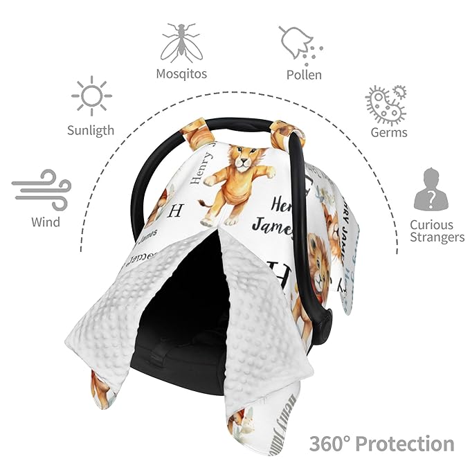 Personalized Baby Car Seat Canopy Minky Lion Baby Blanket Custom Name Baby Car Seat Cover Girls Boys Infant Newborn Carseat Canopy Nursing Cover for Stroller Car Seat Canopies