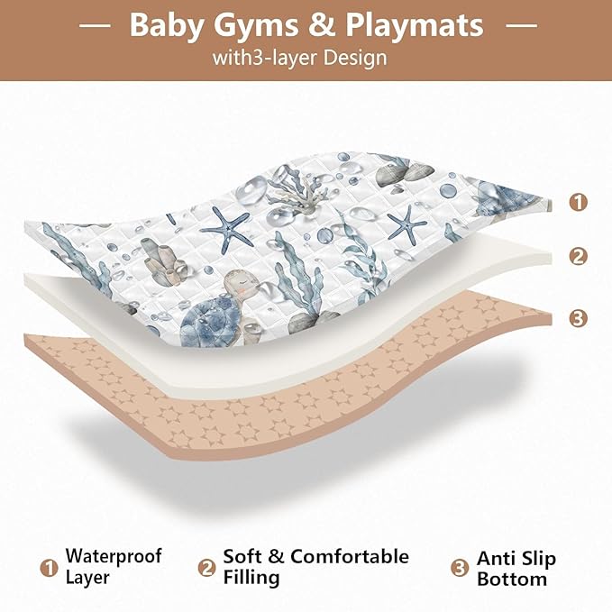 Baby Play Mat Sea Turtle Seashell Starfish 50" X 50" Play Gym Crawling Mat Soft Non-Slip Portable Picnic Floor Mat for Infant, Babies, Toddler, Kids
