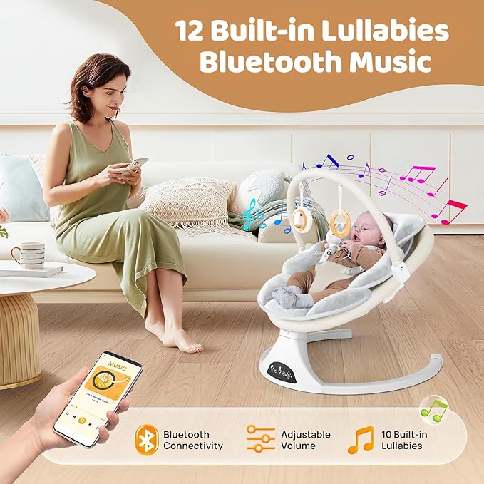 Electric Baby Swing with Remote Control - 5 Natural Motion Speeds, Detachable Seat Pad | Portable Infant Swing for Indoor/Outdoor Use (0-6M, 20lbs) (Beige)