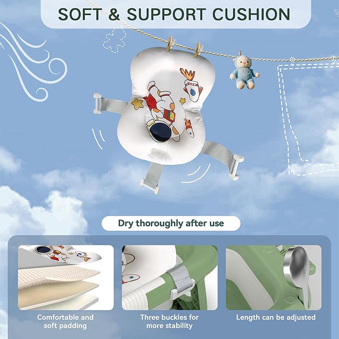 Collapsible Baby Bathtub for Newborn to Toddler (0-24 Months), Portable Baby Bath Tub for Travel, Newborn Bathtub with Soft and Supportive Cushion (Astronaut-Green)