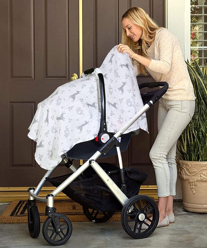 Metplus Car Seat Cover Baby boy, 100% Muslin Cotton Infant Carseat Covers, Lightweight Breathable Car Seat Canopy, Summer Stroller Sun Shade, Newborn Travel Essentials(Elephant Giraffe)