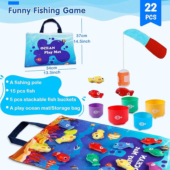 Montessori Toys for 1-2 Year Old - Cloth Ocean Fishing Game with Stacking Cups, Toddler Learning Toy for 12-18 Months, First Birthday Gifts for 1 Year Old Boy Girl, Learn Count and Sort Colors